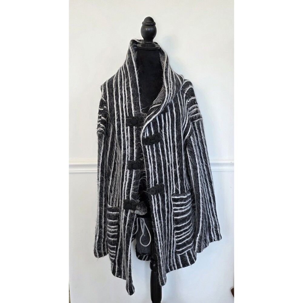 Black White Fuzzy Striped Hooded Sweater Coat Oversized Artwear Statement Boho